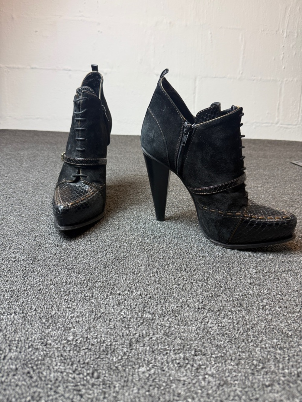 Derek Lam Black Suede High-Heel Ankle Boots with Snakeskin Trim